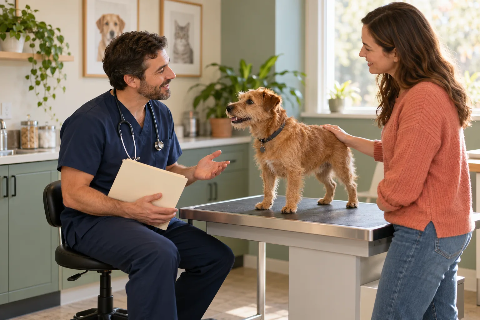 Veterinarian discussing care with an owner beside a small brown dog
