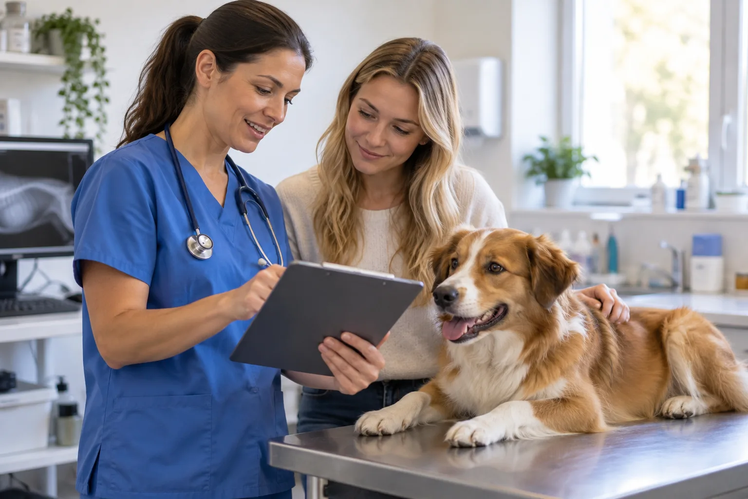 Veterinary professional discussing treatment notes with a dog owner